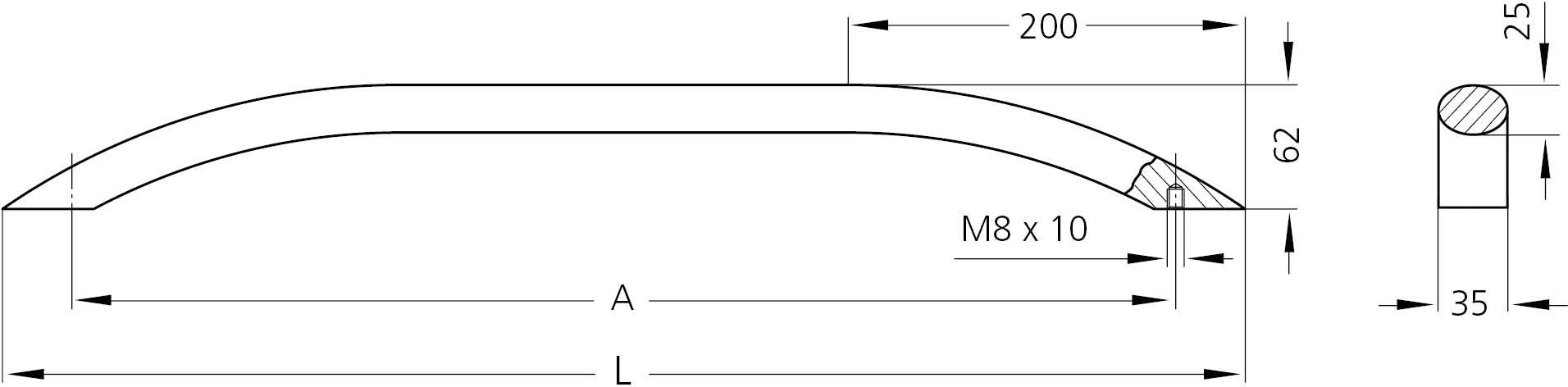 Technický výkres zahnutej kovovej rukoväte s rozmermi: dĺžka (L), vzdialenosť upevňovacích otvorov (A), priemer otvoru M8x10, výška 62 mm, šírka 200 mm.