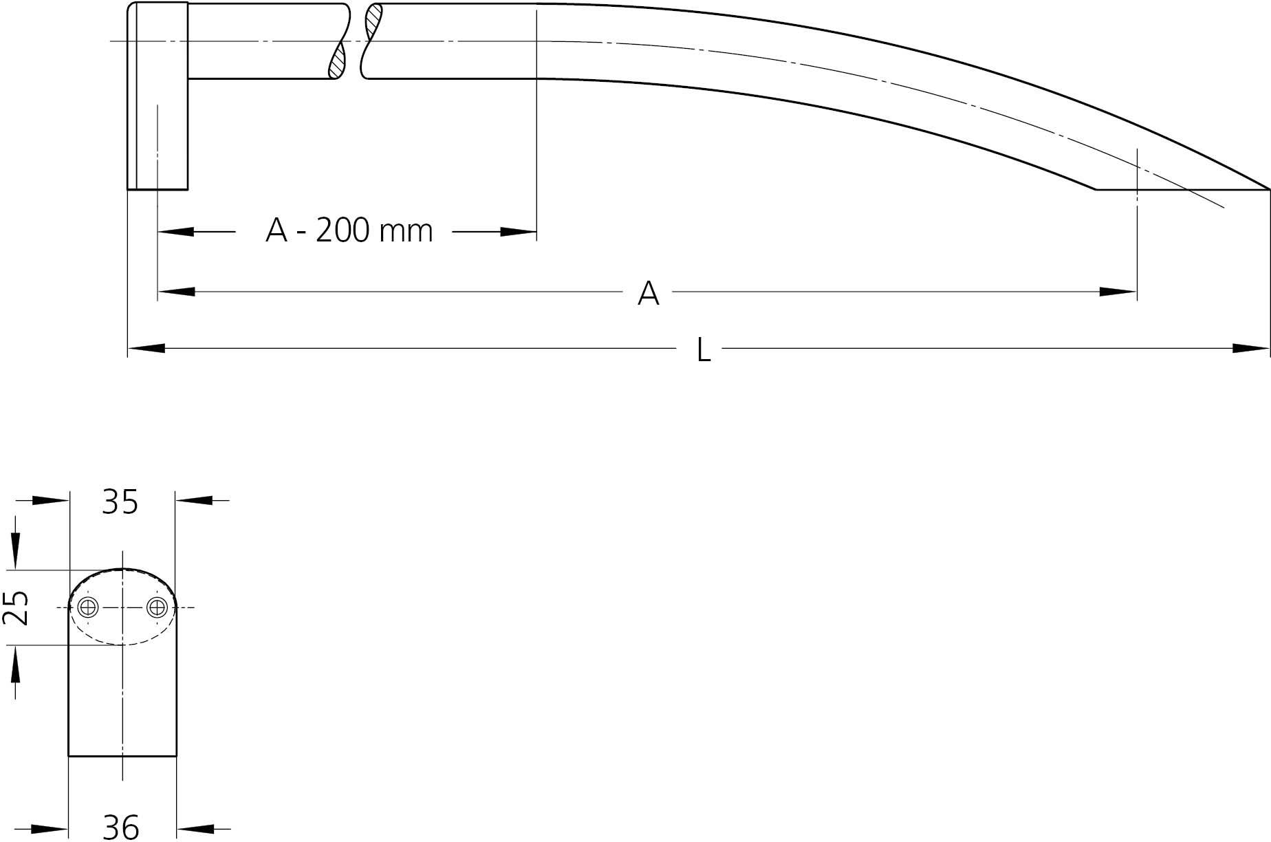 Technický výkres ohnutej rukoväte s rozmermi: Dĺžka 'A - 200 mm', šírka '35 mm', výška '25 mm'. Pravý pohľad profilu.