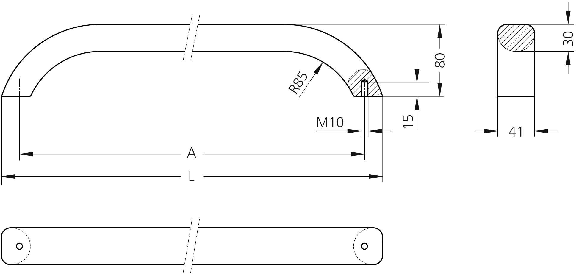 Technický výkres zakrivej rukoväte s rozmermi: výška 80 mm, šírka 41 mm, polomer 85 mm, závit skrutky M10.