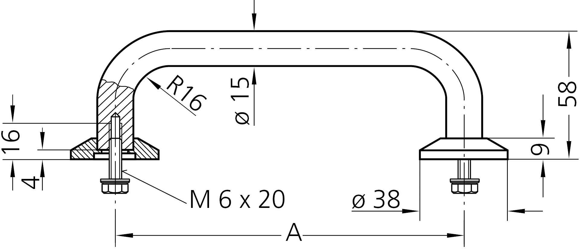 Technický výkres rukoväte s rozmermi: dĺžka 58 mm, šírka 38 mm, priemer rúrky 15 mm, upevnenie pomocou skrutiek M 6 x 20.