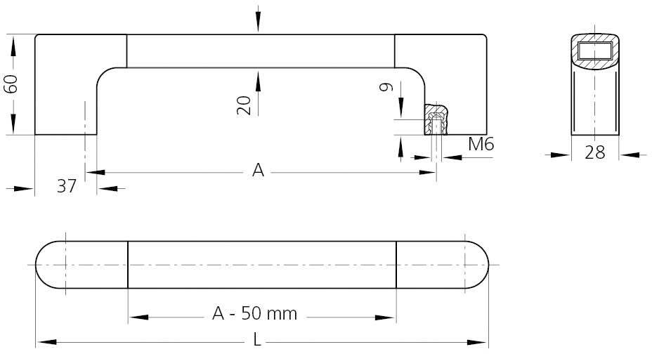 Technický výkres ohnutej rukoväte so závitom M6. Rozmery: výška 60 mm, šírka 28 mm. Vzdialenosť medzi upevňovacími bodmi: A - 50 mm.
