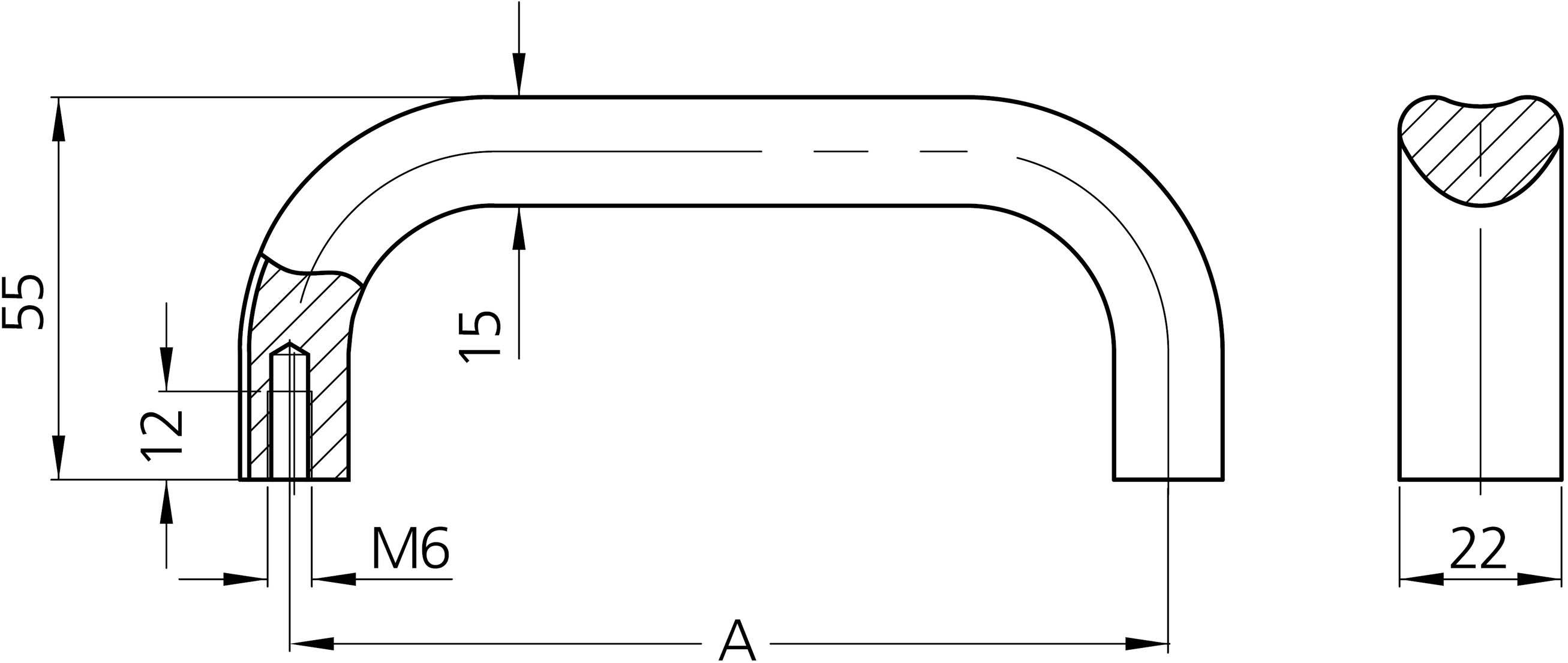 Technický výkres rukoväte s rozmermi: Výška 55 mm, šírka 22 mm, priemer 15 mm, otvor M6, hĺbka 12 mm.