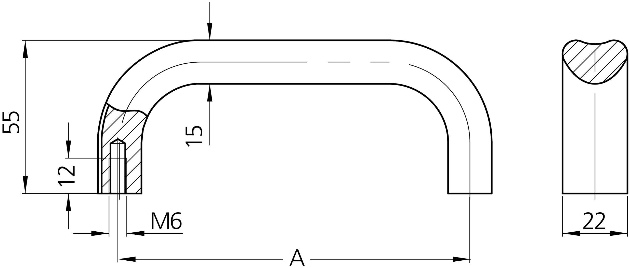 Technický výkres rukoväte s rozmermi: celková výška 55 mm, šírka 22 mm, vzdialenosť upevňovacích otvorov 12 mm, veľkosť skrutky M6.