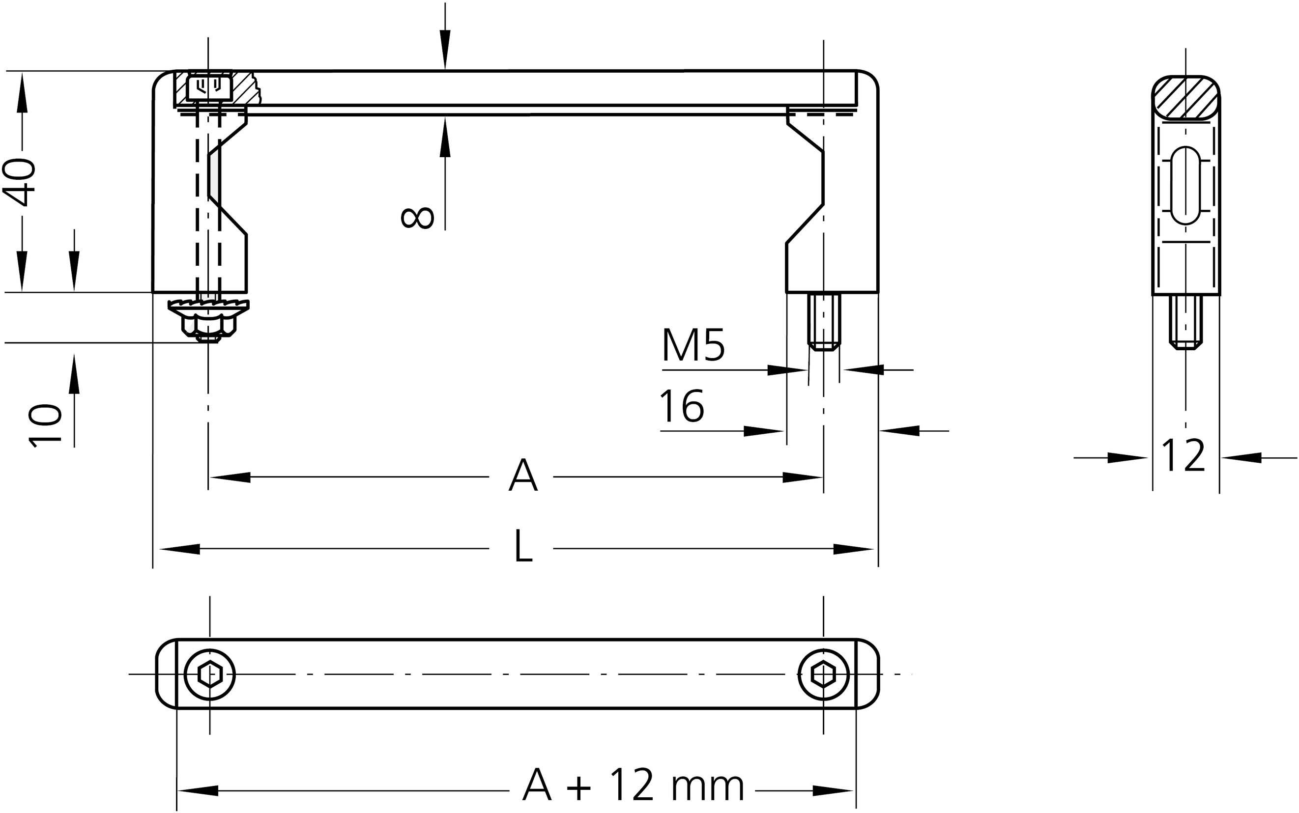Technický výkres U-tvarového držadla. Rozmery: výška 40 mm, šírka 12 mm, vzdialenosť skrutiek variabilná. Skrutka M5 x 16 mm.