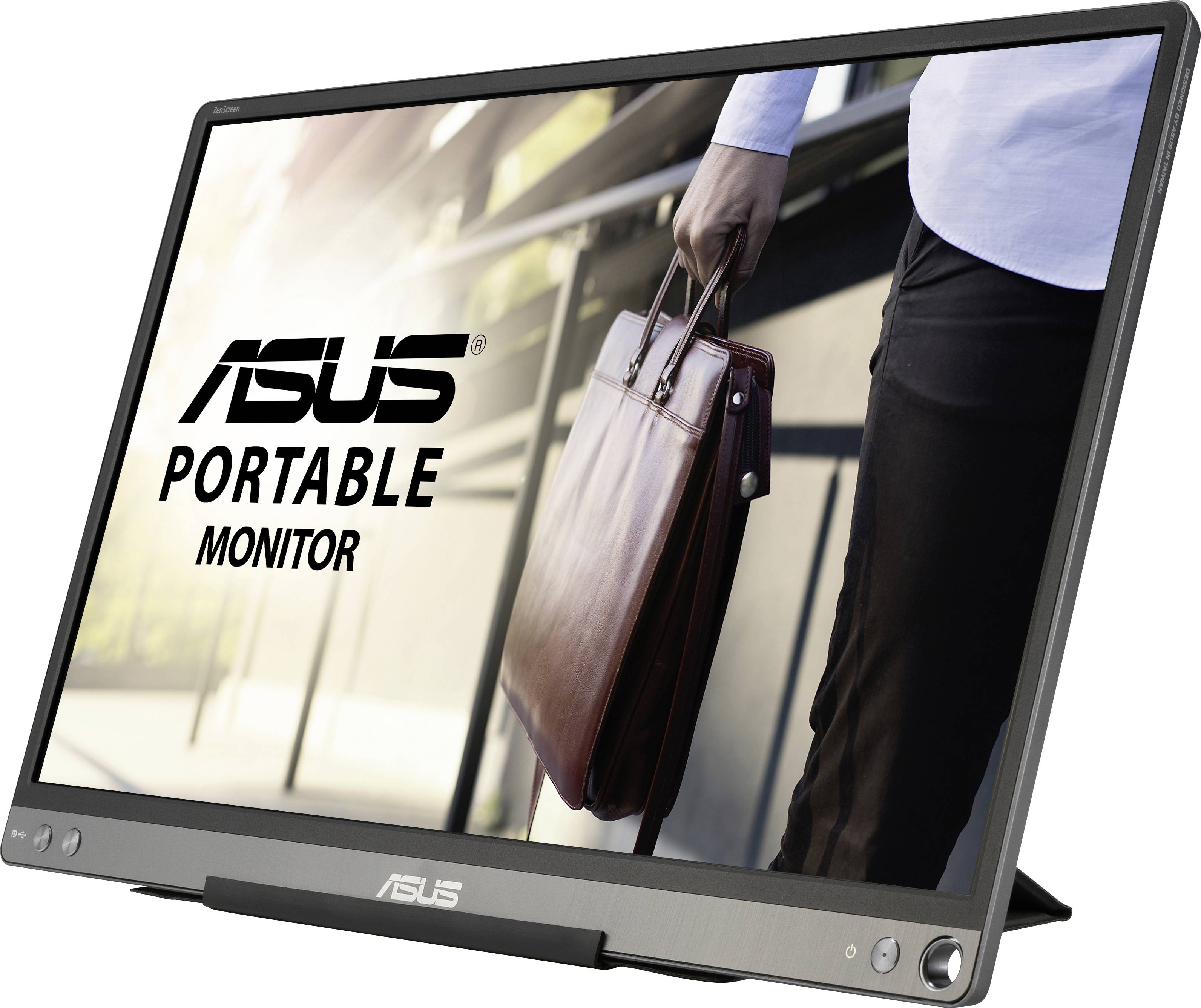 Prenosný monitor ASUS umiestnený vedľa osoby v obleku, ktorá drží koženú tašku. Ideálny pre mobilné použitie a prezentácie.