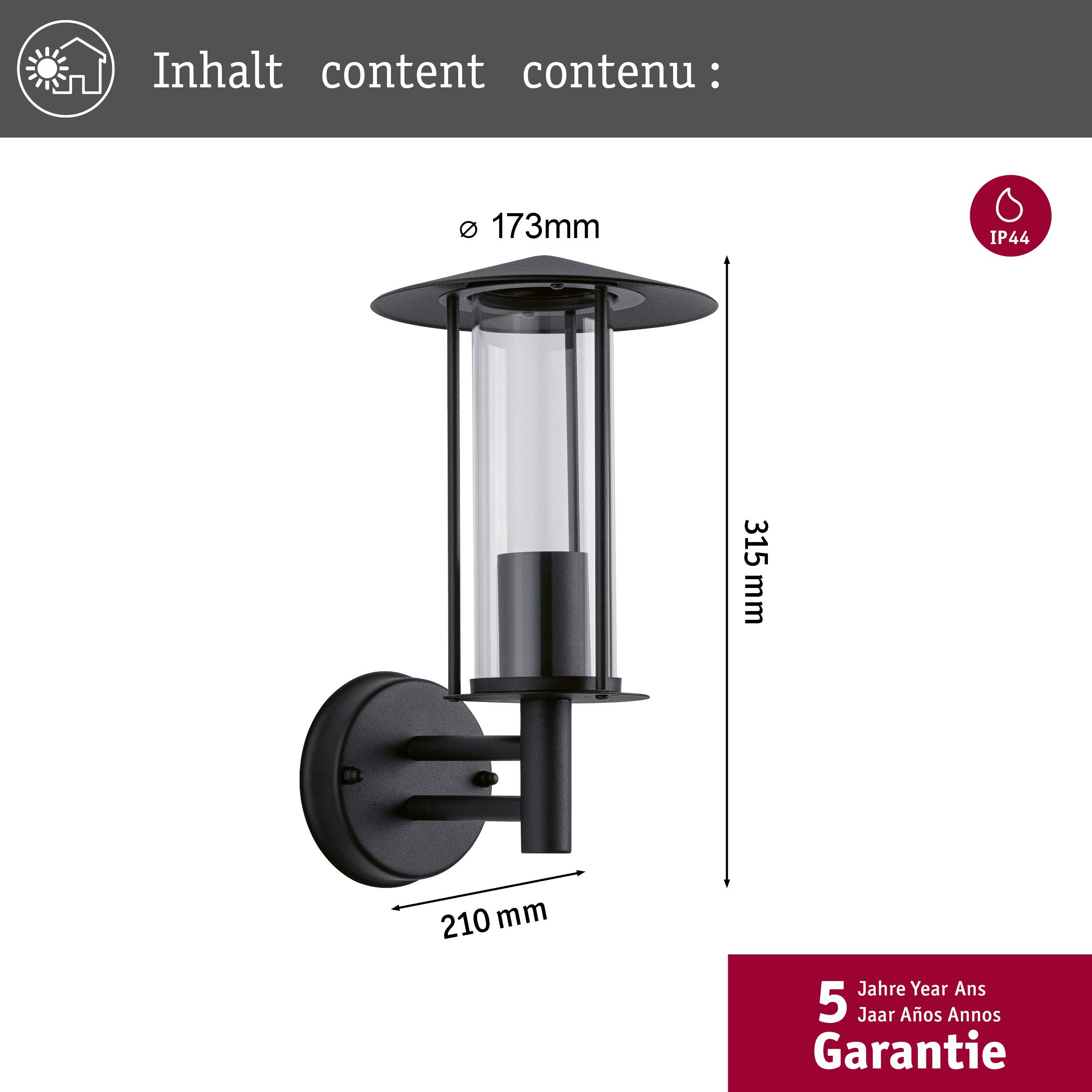 Vonkajšia nástenná lampa, čierna, valcovitého tvaru so sklom, rozmery: priemer 173 mm, výška 315 mm, hĺbka 210 mm, 5 rokov záruky, stupeň krytia IP44.