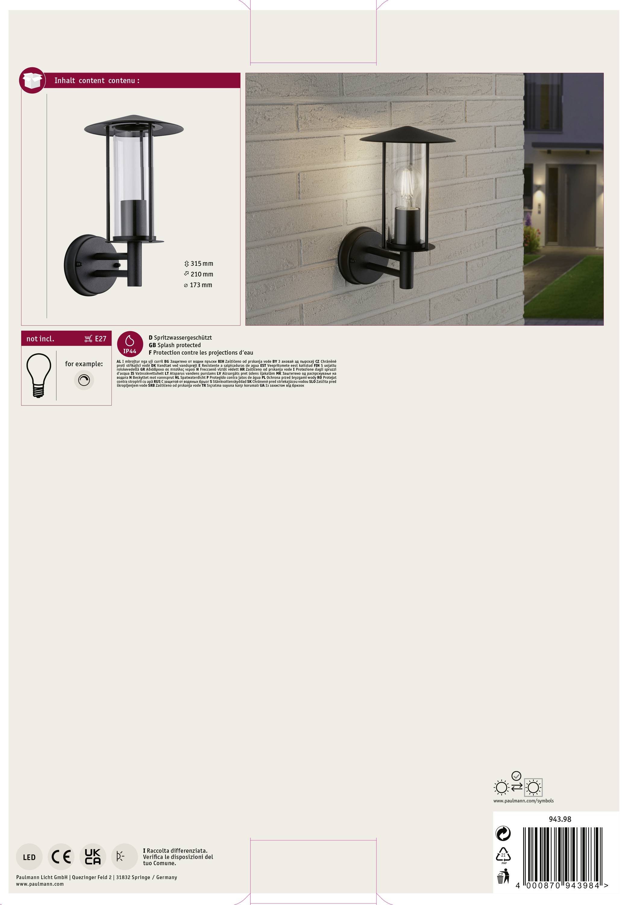 Čierna nástenná lampa s valcovitým skleneným dizajnom, namontovaná na tehlovej stene. Vhodná do exteriéru, vytvára moderný ambient.