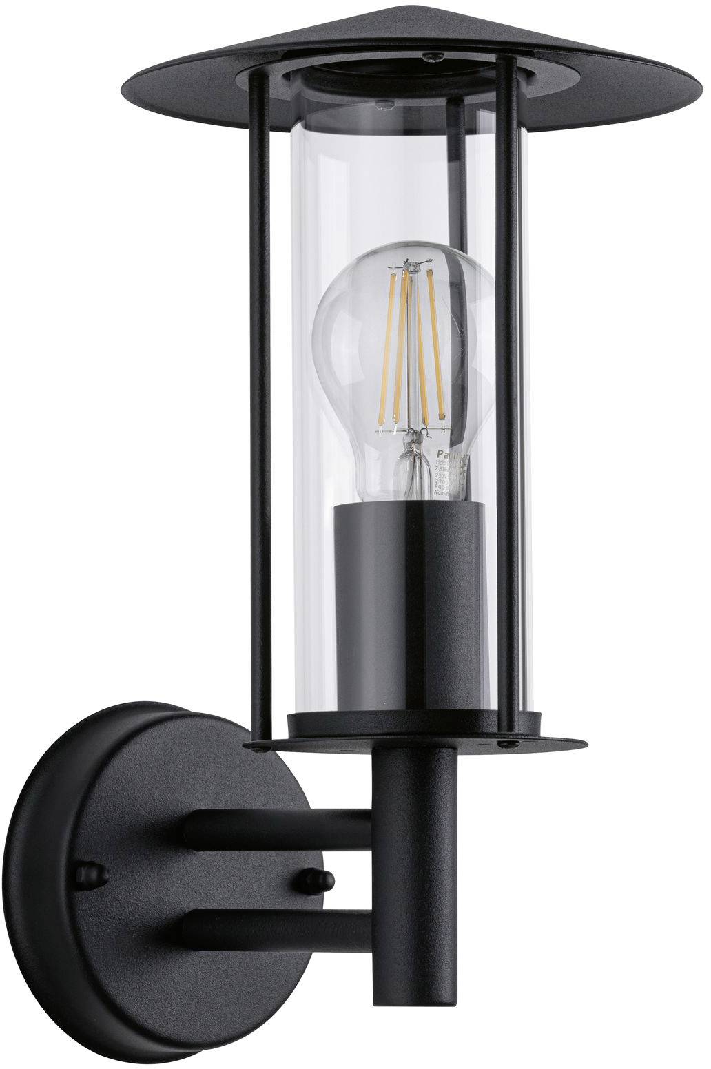 Čierne nástenné svietidlo v klasickom dizajne s priehľadným skleneným valcom, ktorý obklopuje žiarovku s vláknom. Vhodné pre vonkajšie osvetlenie.