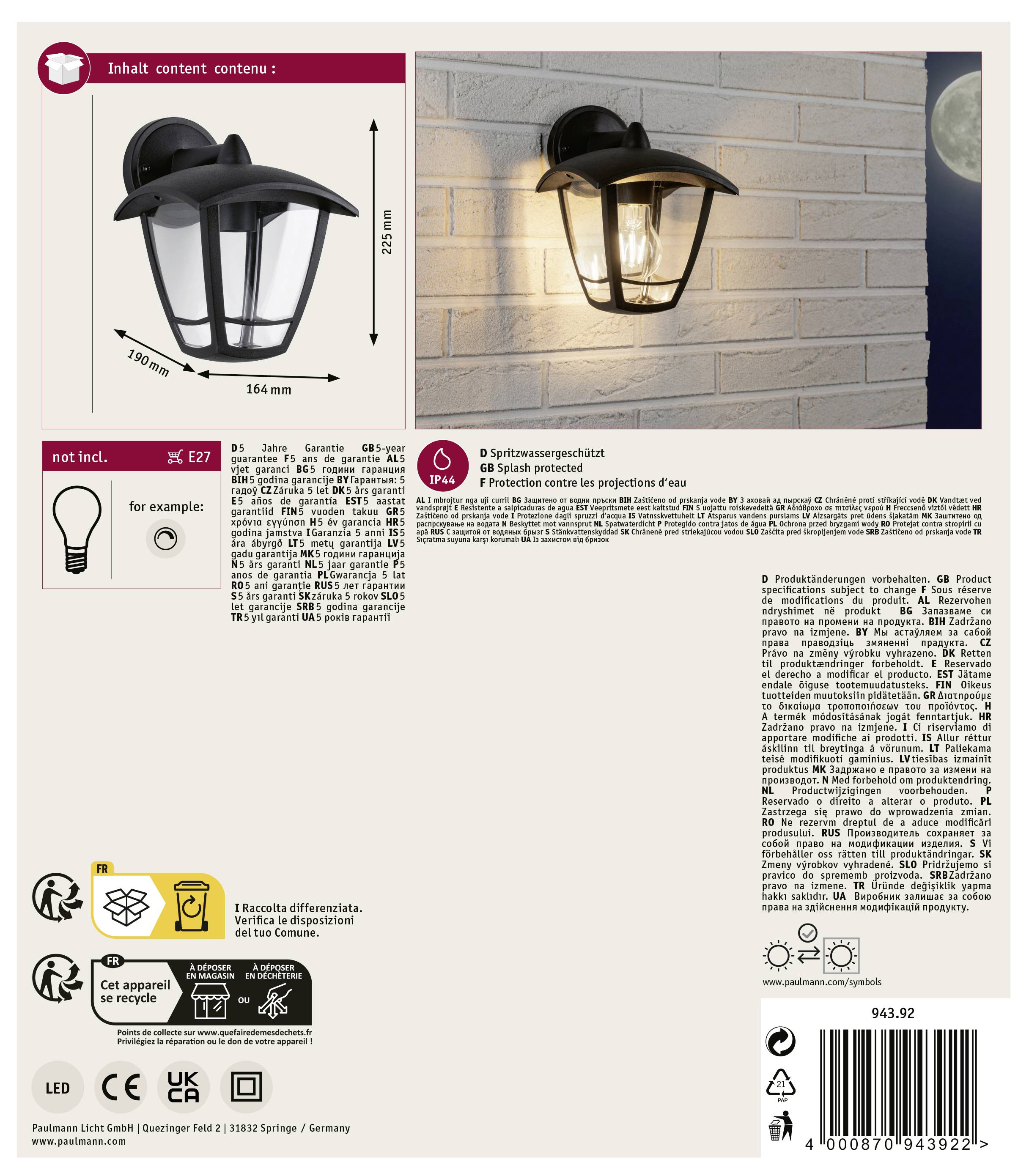 Zobrazenie produktu čierneho vonkajšieho svietidla na stene s rozmermi 32 cm výška, 16,4 cm šírka. Vrátane ochrany proti striekajúcej vode.