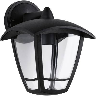 Vonkajšia nástenná lampa z čierneho kovu s priehľadným sklom v klasickom dizajne, určená na osvetlenie vonkajších priestorov.