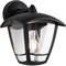 Čierne vonkajšie svietidlo s priesvitným skleneným tienidlom a viditeľnou žiarovkou vyžaruje teplé svetlo. Vhodné do exteriérov.