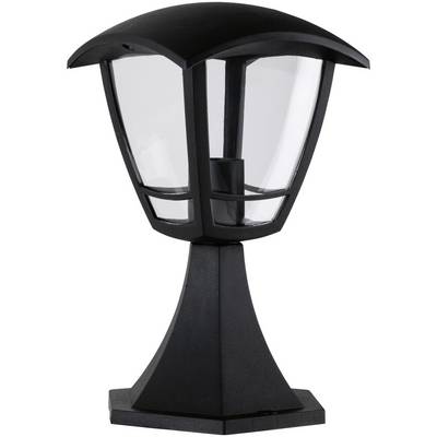 Lampa z čierneho kovu s priesvitnými sklenenými tabuľami a mušľovito tvarovanou strechou. Ideálna pre vonkajšie osvetlenie.