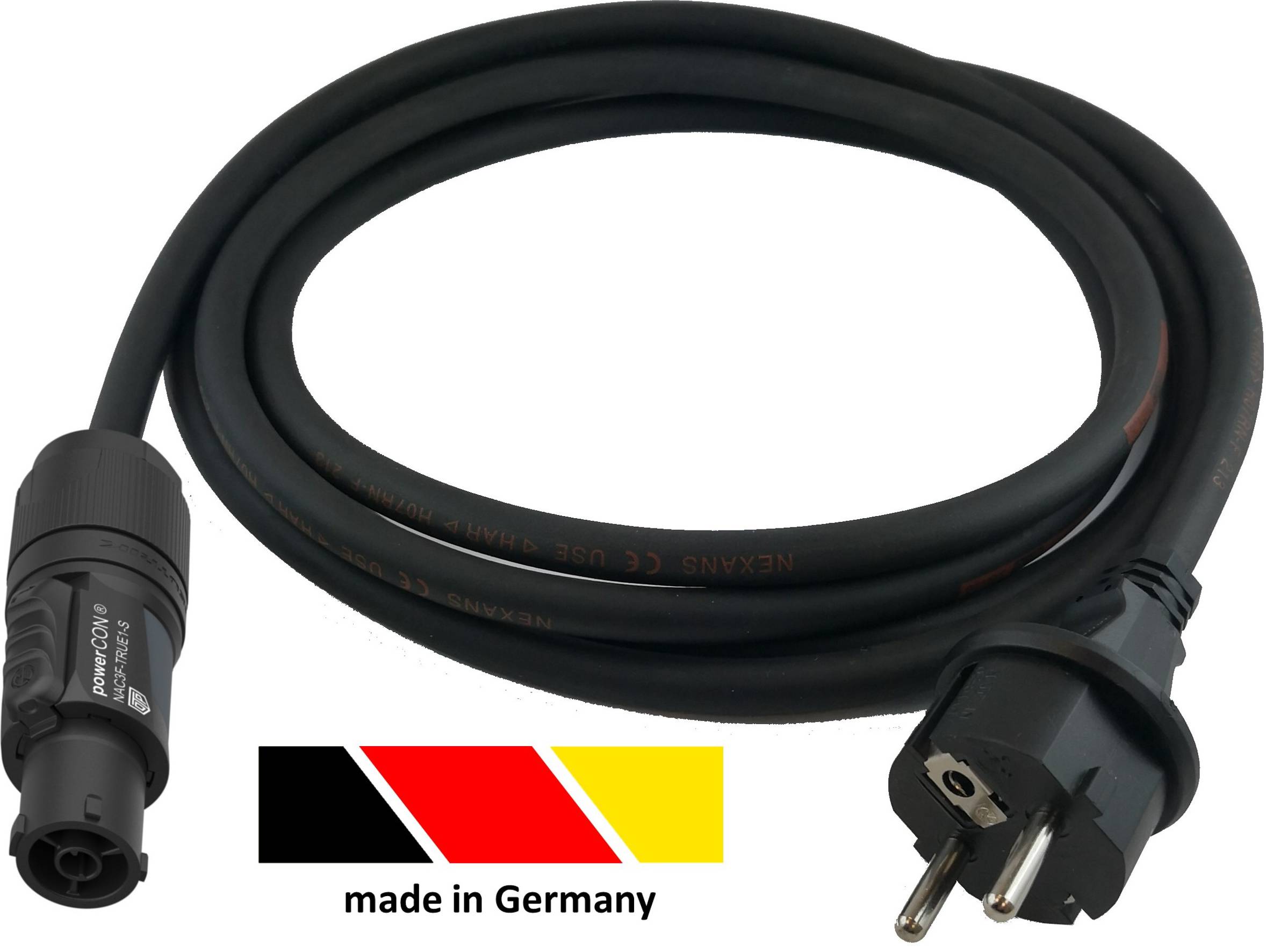 Čierny elektrický kábel so zástrčkou na oboch koncoch. Pod ním grafika v čiernej, červenej, žltej farbe s nápisom 'made in Germany'.