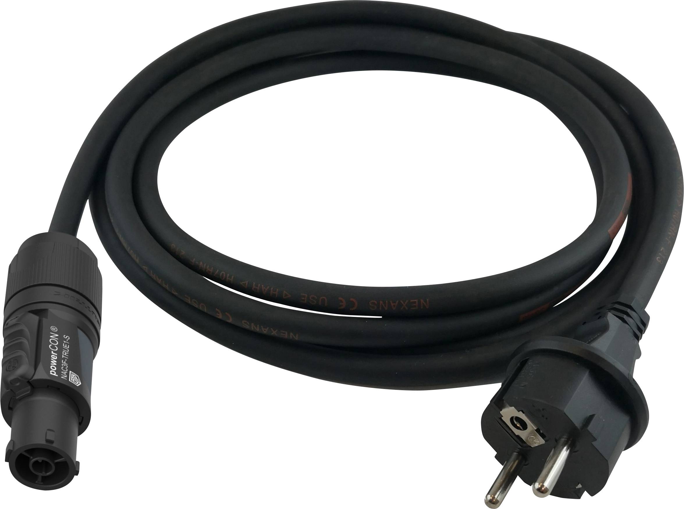 Čierny sieťový kábel s použitím zástrčky Schuko na jednej strane a zaoblenením zakončeným konektorom na druhej strane.