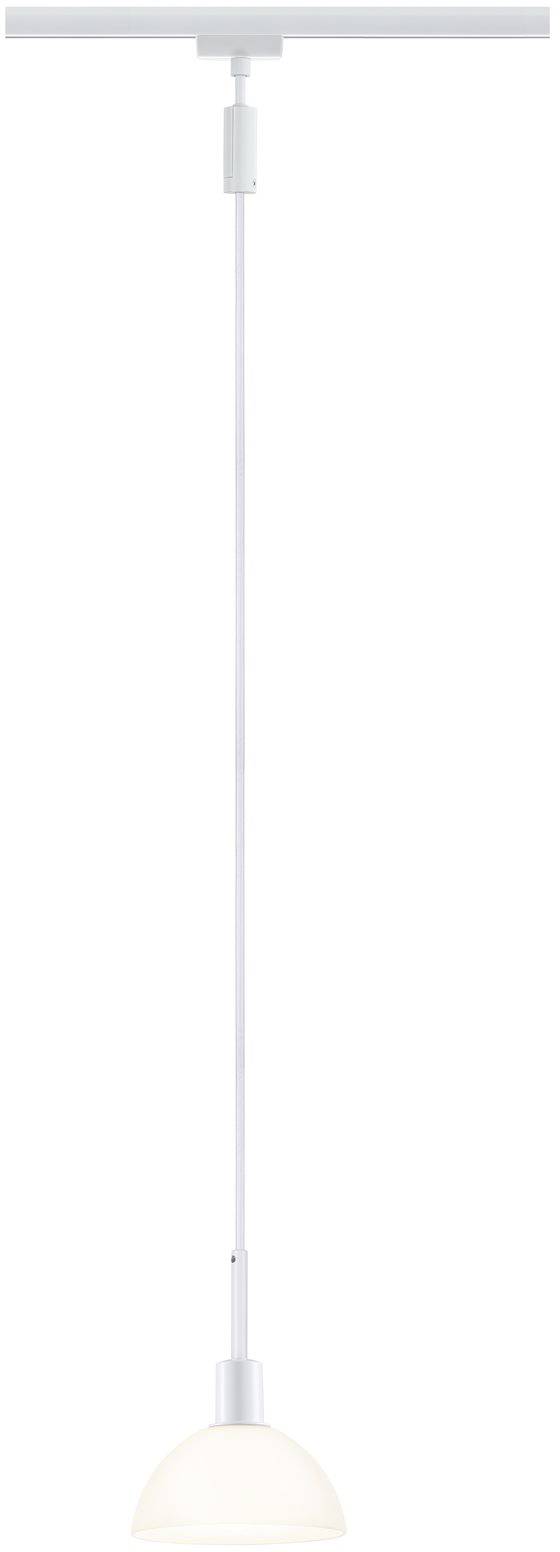 Biela závesná lampa s jednoduchým, štíhlym dizajnom, zavesená na dlhom kábli z horizontálnej lišty.
