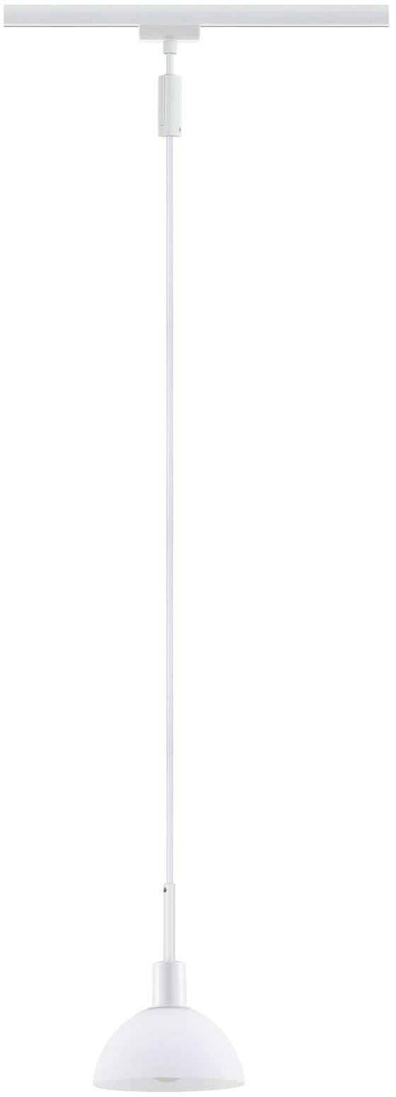 Biela závesná lampa s jednoduchým, moderným dizajnom a nastaviteľným káblom pre úpravu výšky. Ideálna pre minimalistické interiéry.