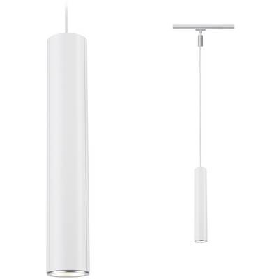 Biela, valcovitá závesná lampa zavesená na kábli z montážneho systému na strope. Vhodná do moderných interiérov.