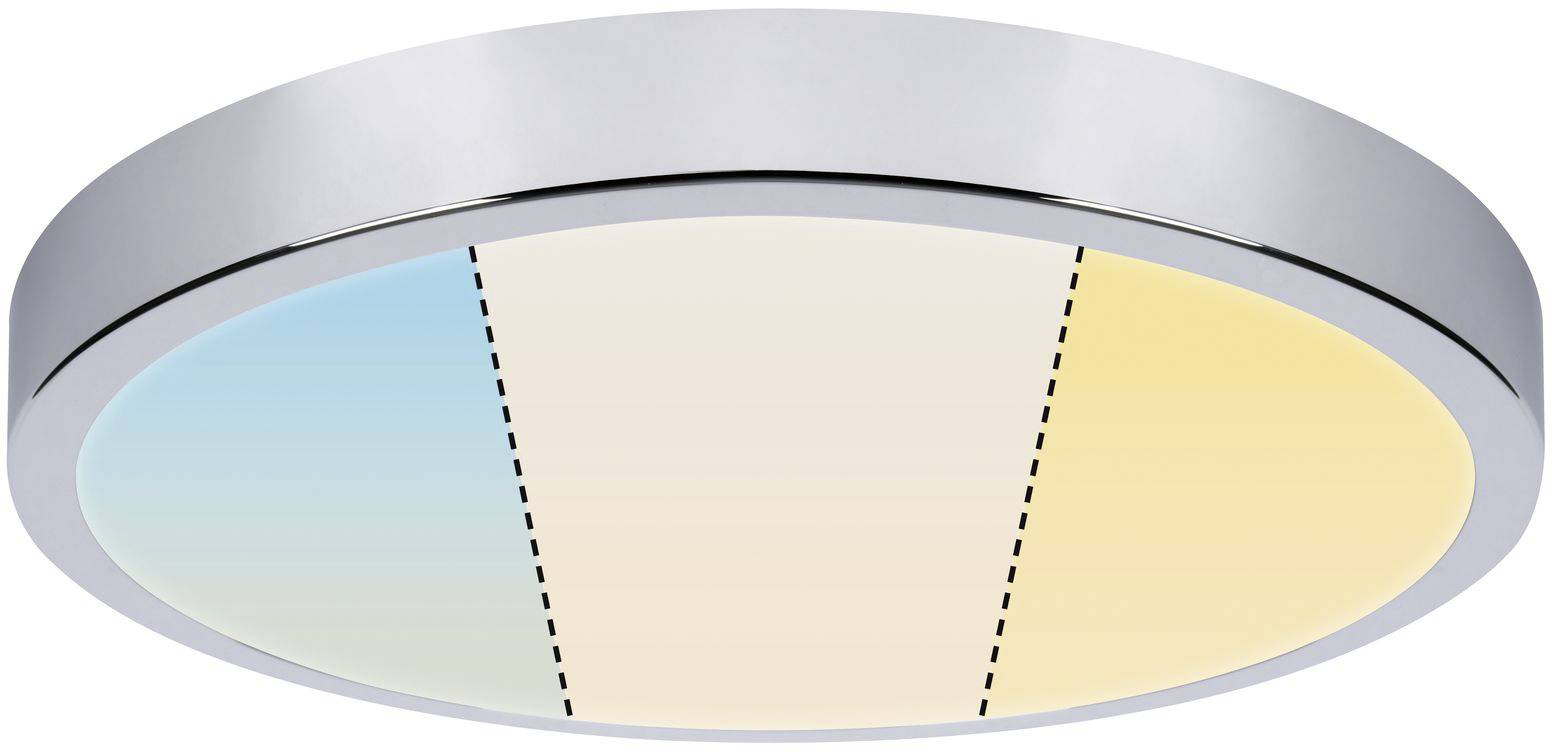 Okrúhle stropné svetlo so strieborným rámom, rozdelené na polovicu s modrou a teplou svetelnou zónou, symbolizujúce meniteľné farby svetla.
