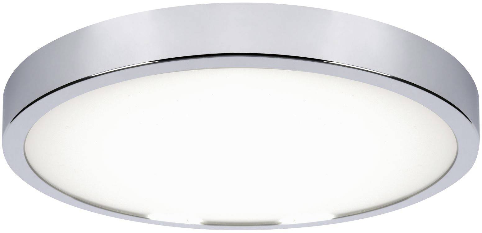 Okrúhle strieborné stropné svietidlo s bielou svietiacou plochou, vhodné pre modernú interiérovú dizajnovú koncepciu.