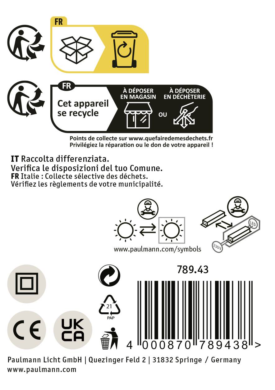 Etiketa s pokynmi pre recykláciu a likvidáciu vo viacerých jazykoch, webová stránka a kontaktné informácie pre Paulmann Licht GmbH.