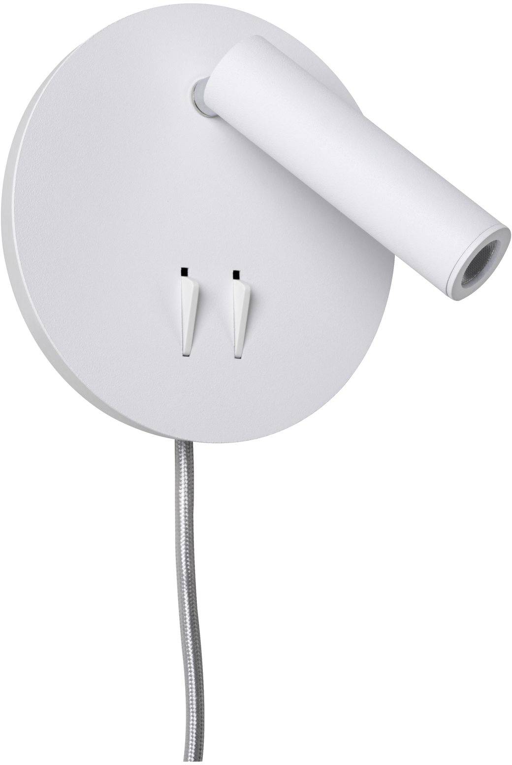 Biela okrúhla nástenná lampa s valcovitou lampovou hlavou a dvoma malými spínačmi pod ňou. Lampová hlava smeruje nadol. Kábel visí voľne.