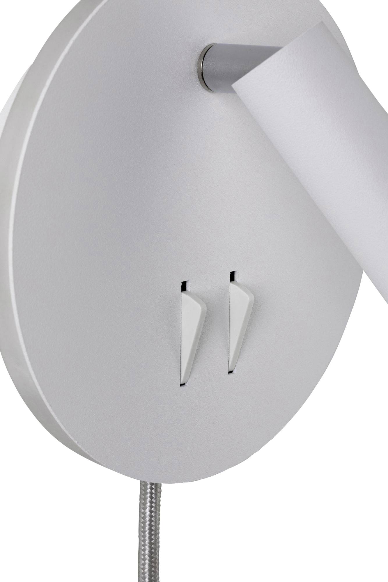 Biela nástenná konzola svietidla s dvoma otvormi a káblom.