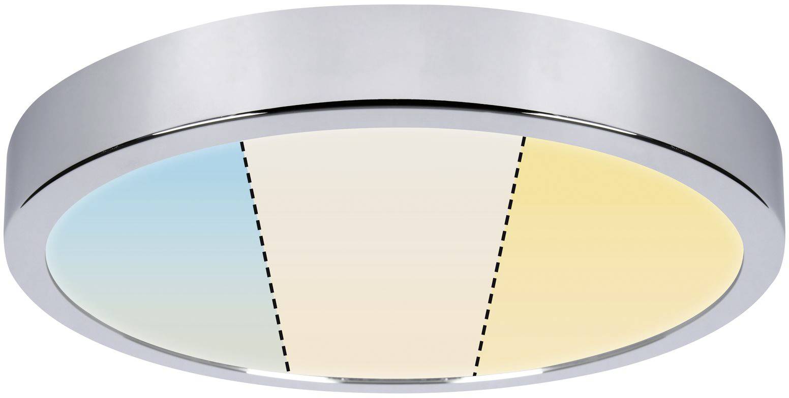 Okruhové stropné svietidlo s dvoma farebnými zónami, vľavo modrou a vpravo žltou, oddelené prerušovanou líniou. Moderný, minimalistický dizajn.