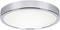Plochý, okrúhly stropný svetlomet so strieborným rámom a bielym krytom, vhodný do moderných obytných priestorov.