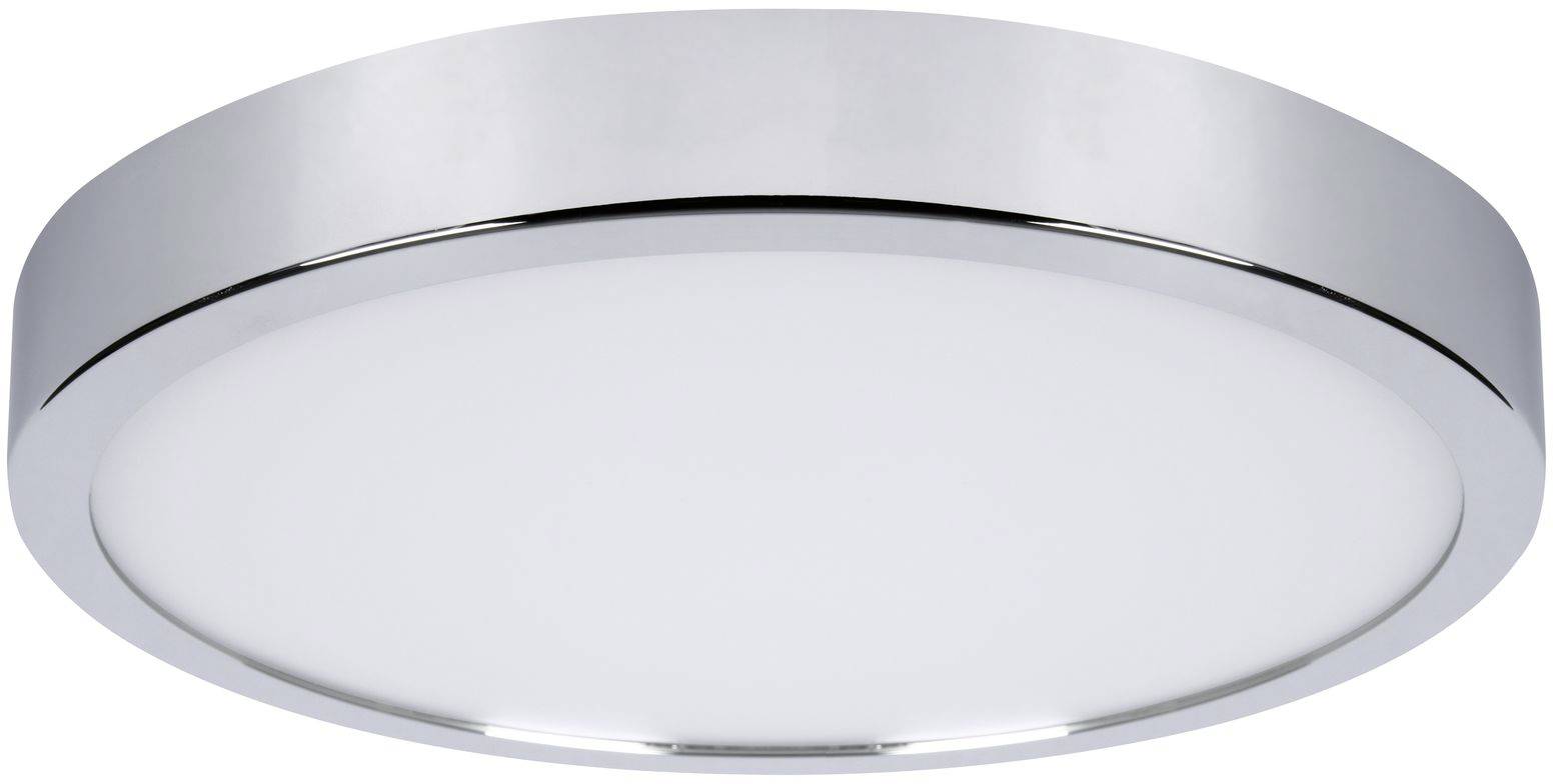 Okrúhle strieborné stropné svietidlo s bielym difúzorom, vhodné do moderných interiérov.