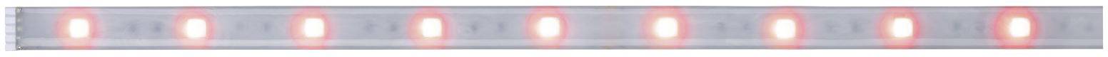 Detailný záber osvetleného LED pásu so striedajúcimi sa jasne svietiacimi a tlmene červenými svetlami na priehľadnej páske.