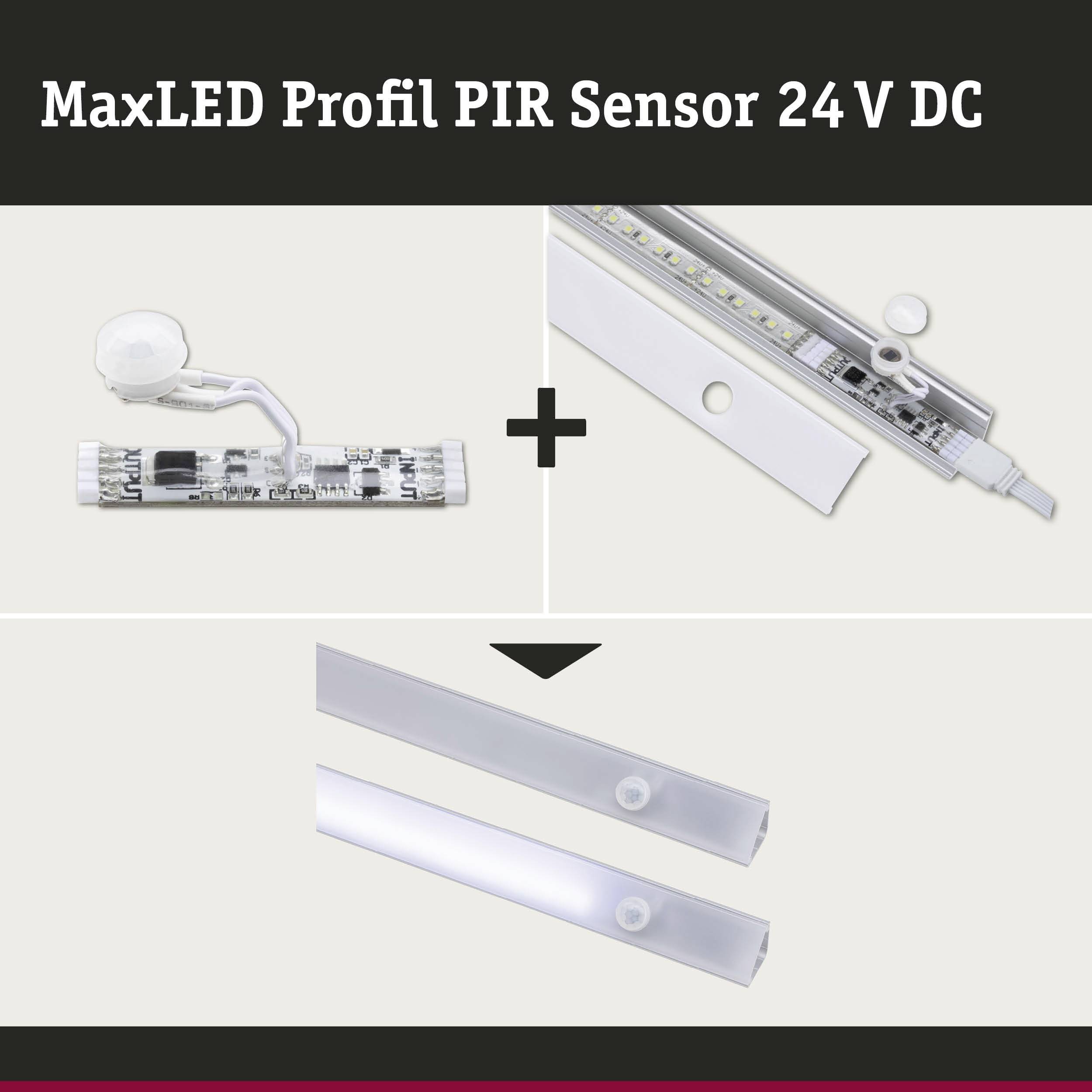 MaxLED Profil PIR Senzor 24 V DC: Dva moduly kombinované spolu znázorňujú aplikáciu a funkciu LED pásu s pohybovým senzorom.