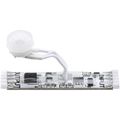 LED pásik s pohybovým senzorom, prepojený bielymi káblami, znázorňuje elektronickú schému pre ovládanie osvetlenia.