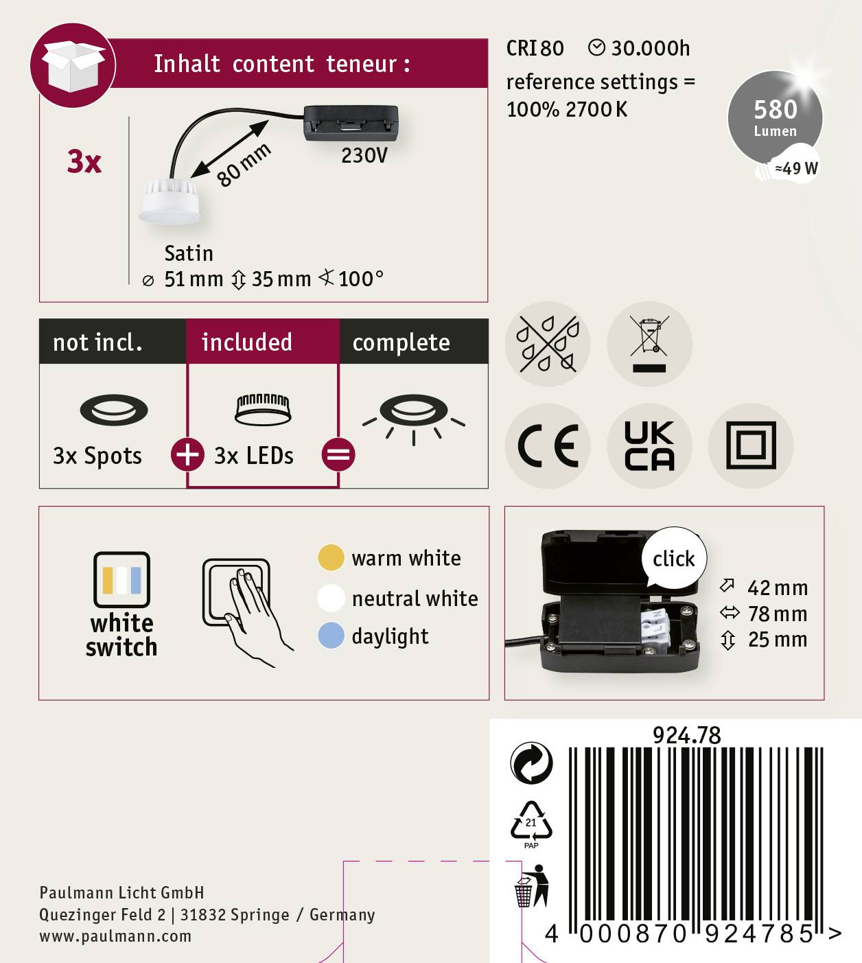 Paulmann Svetlo Set: 3x LED reflektory, teplá biela, 580 lúmenov, CRI80, vrátane spínača. Rozmery: 42mm, 78mm, 25mm. Model č. 924.78.