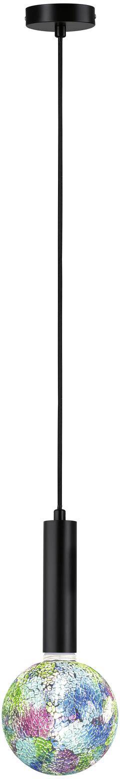 Závesná lampa s čiernym káblom a farebnou, vzorovanou žiarovkou. Osvetľuje interiéry dekoratívnym svetelným vzorom.