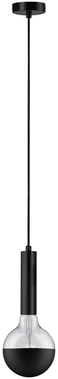 Zavesené minimalistické čierne závesné svietidlo s viditeľnou žiarovkou. Ideálne pre moderné interiérové štýly.