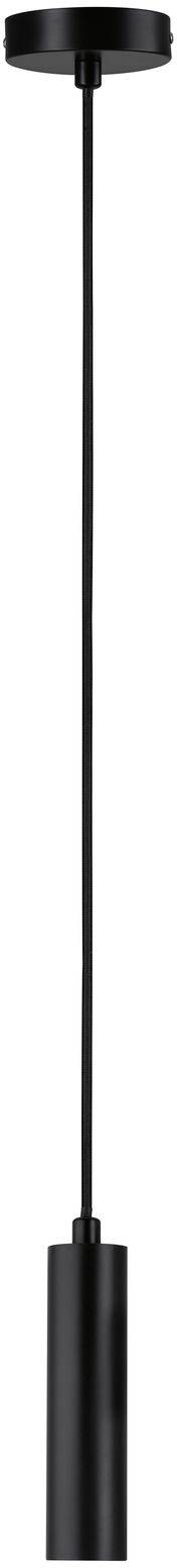 Čierna, valcovitá závesná lampa s jednoduchým dizajnom. Zavesená na tenkom kábli, vhodná do moderných interiérov.