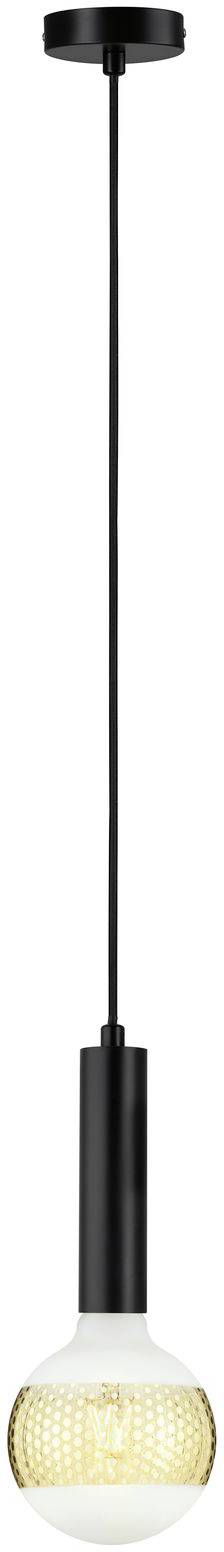 Moderná závesná stropná lampa s čiernym káblom a držiakom, s priehľadnou žiarovkou. Jednoduché, minimalistické dizajnové riešenie.