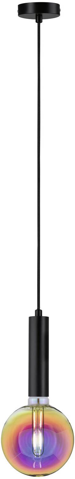 Moderná závesná lampa s čiernym uchytením a dúhovým skleneným tienidlom, ktoré vyžaruje jedinečné svetlo.