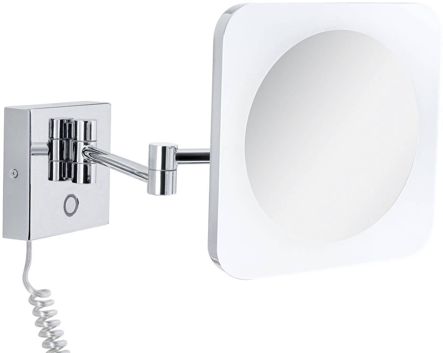 Osvetlené, štvorcové kozmetické zrkadlo s otočným ramenom a špirálovou šnúrou, namontované na stenový držiak.
