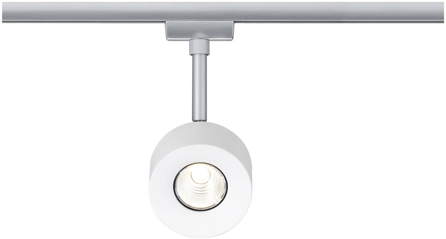 Stropné svietidlo s okrúhlou bielou svetelnou hlavicou, upevnené na horizontálnej lište, ideálne pre fokusované osvetlenie.