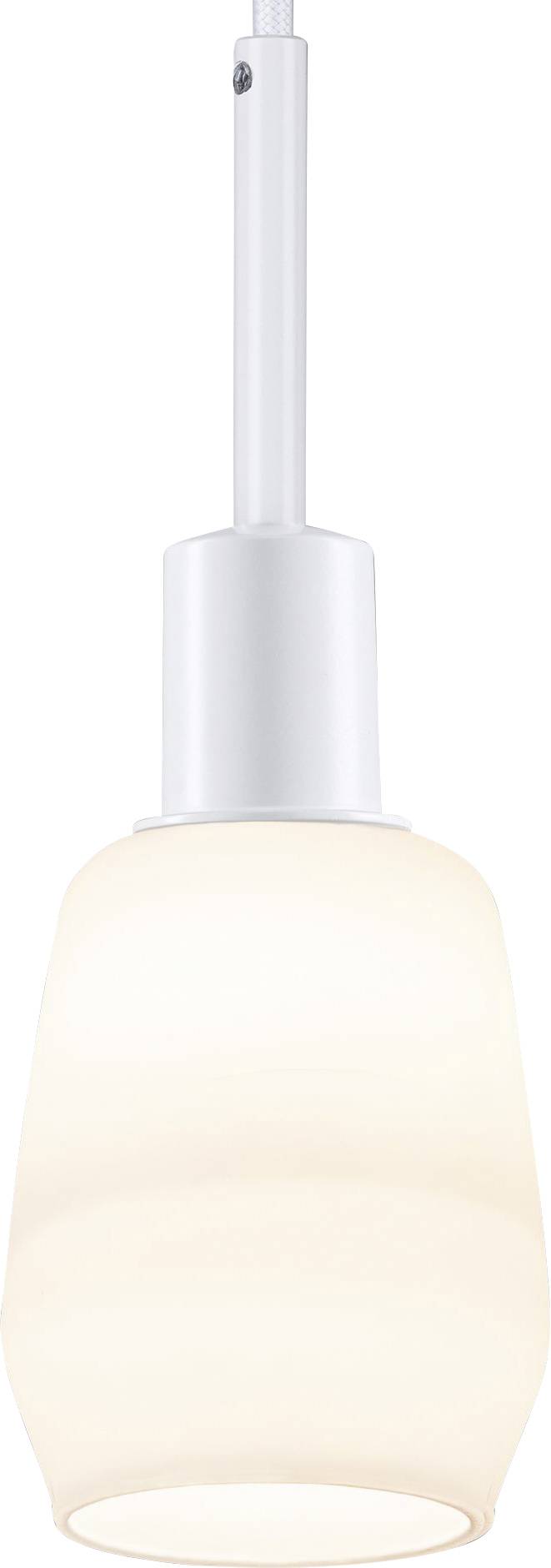 Biela, moderná závesná lampa s okrúhlym skleneným tienidlom.