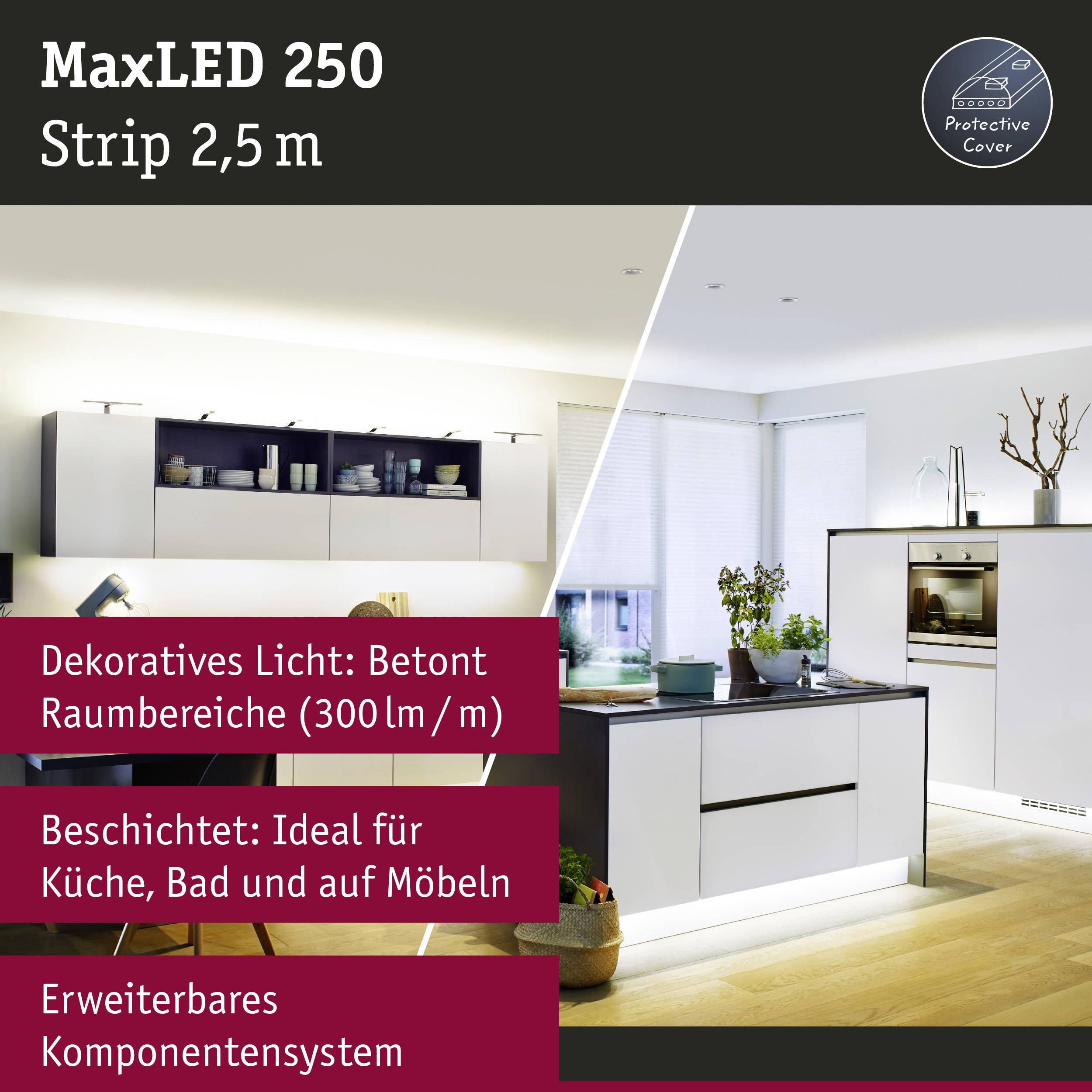 Moderná obývacia izba s LED osvetlením zvýrazňuje kuchynskú linku vľavo. Text: 'MaxLED 250', zvýraznené svetlo, 'Kombinovateľný systém'.