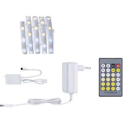 LED svetelný pásový set, pozostávajúci z piatich pásov, napájacieho zdroja, ovládacej jednotky a diaľkového ovládača s farebnými tlačidlami.
