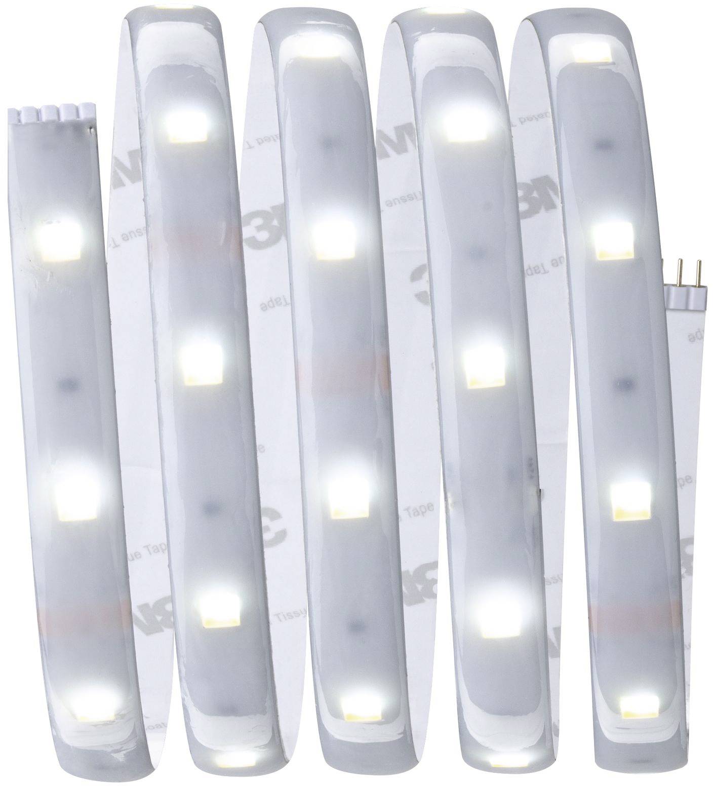 LED pásiky v chladnom bielom odtieni s viacerými svietiacimi segmentmi, usporiadanými do špirály na neutrálnom pozadí.