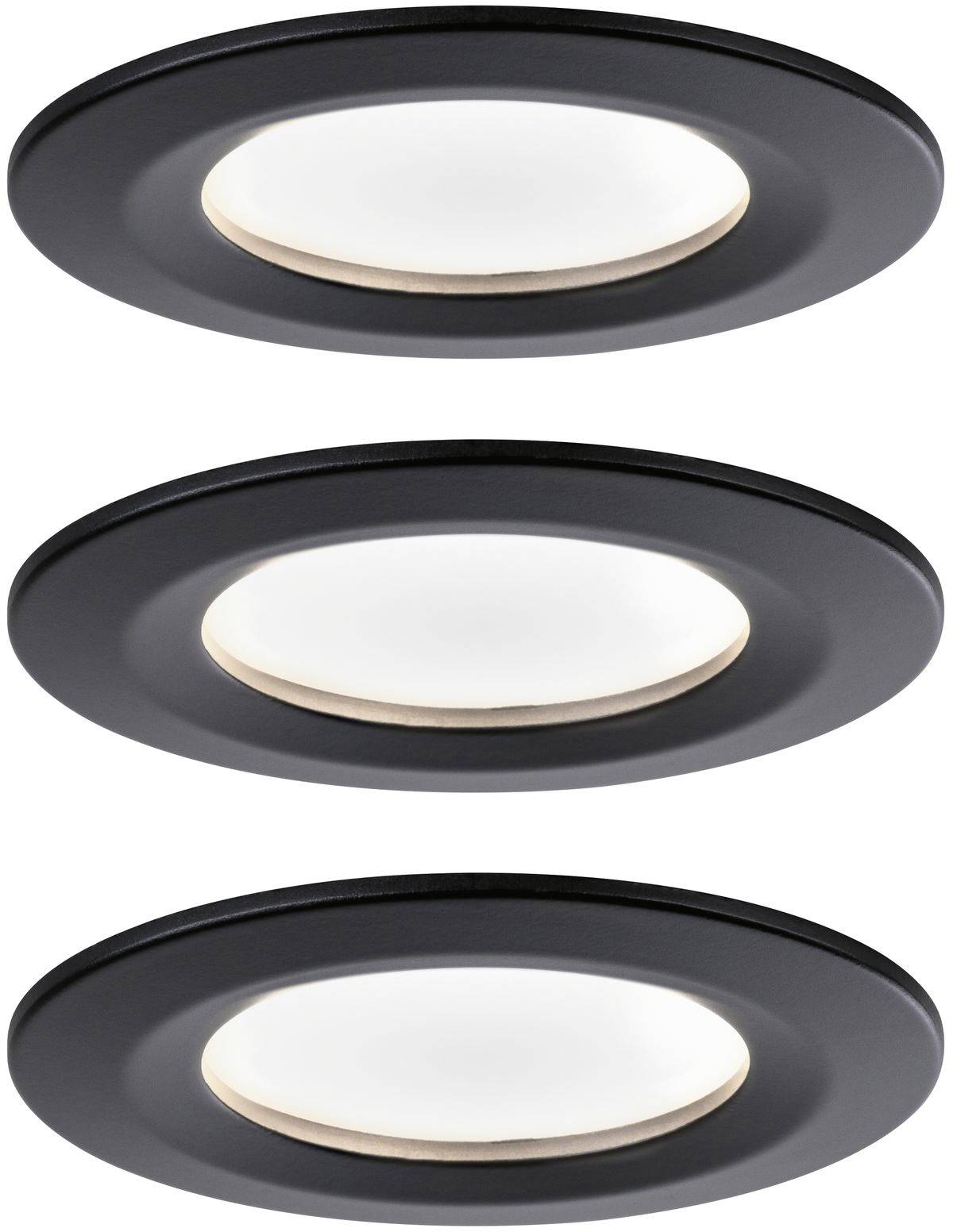 'Tri okrúhle, čierne stropné svietidlá s centrálnym svietiacim povrchom. Jednoduché, moderné dizajnové riešenie.'