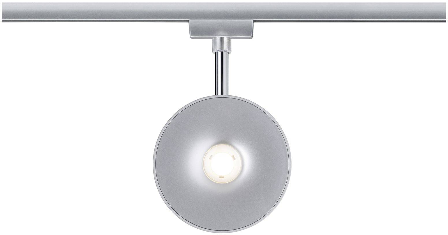 Strieborné stropné svietidlo s guľatým tienidlom a centrálnou žiarovkou, upevnené na priamej lište.