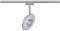 Strieborný stropný reflektor s okrúhlou, nastaviteľnou svetelnou hlavicou, namontovaný na priamej koľajnici.