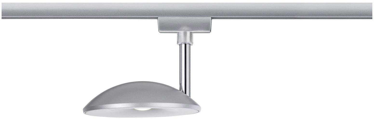 Strieborná stropná lampa v modernom štýle s okrúhlym tienidlom, zavesená na lište. Ideálna pre smerované osvetlenie v interiéroch.