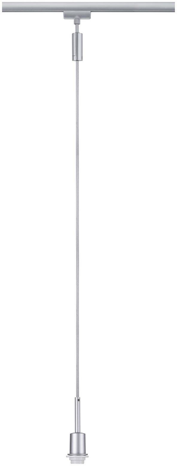 Minimalistická strieborná závesná lampa s dlhým káblom a valcovitým tienidlom, vhodná do moderných interiérov.