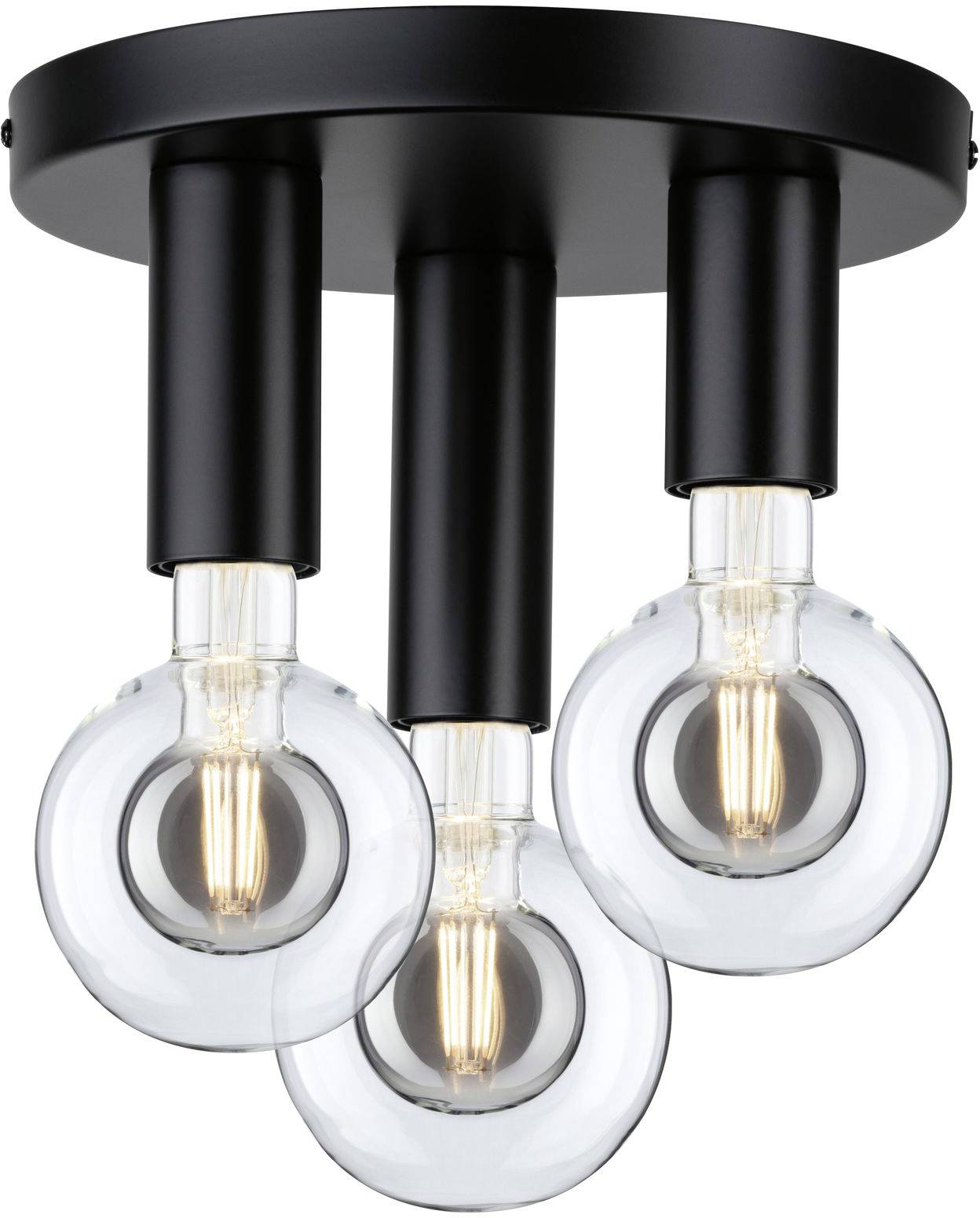 Tri čierne stropné svietidlá s priesvitnými žiarovkami visia vedľa seba a vyžarujú teplé svetlo.
